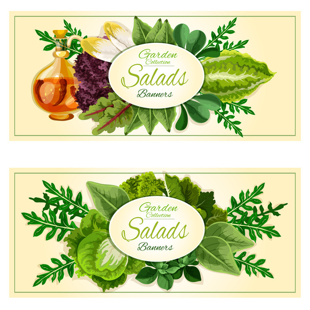 Salade greens en plantaardige bladeren banners set - Vector, afbeelding