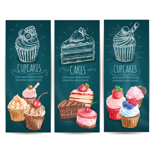 Cupcakes, cakes pastries desserts banners - Vector, Image