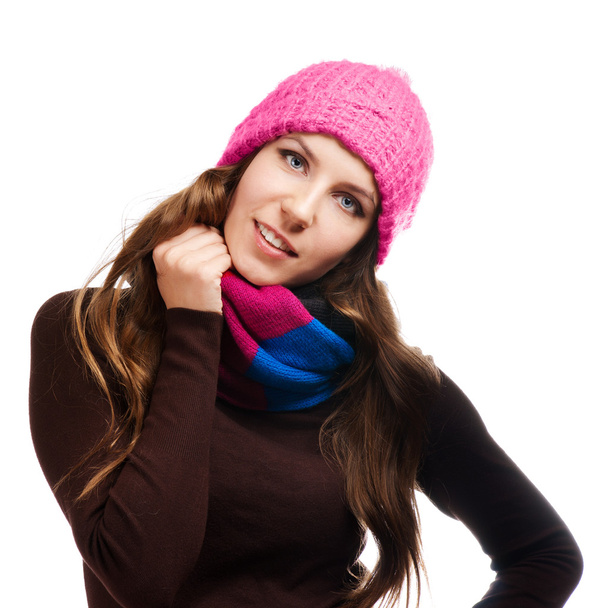 beautiful woman in warm clothing closeup portrait - Zdjęcie, obraz
