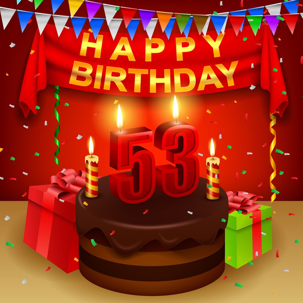 Joyeux 53ème anniversaire avec gâteau au chocolat et drapeau triangulaire
 - Vecteur, image