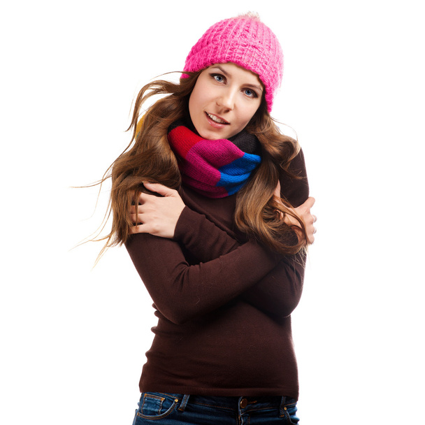 beautiful woman in warm clothing closeup portrait - Фото, изображение