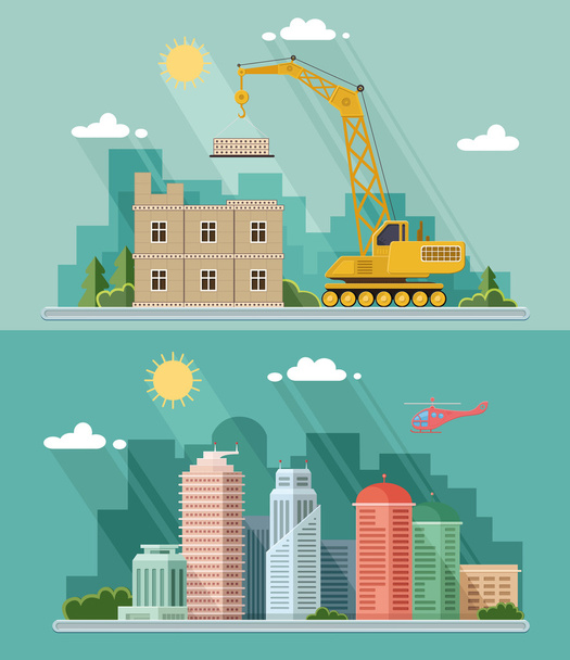 conjunto de ilustración de paisaje urbano. gran ciudad, sitio de construcción, b
 - Vector, imagen