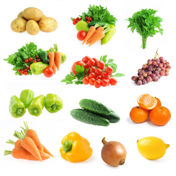 Recogida de verduras y frutas frescas aisladas
 - Foto, Imagen
