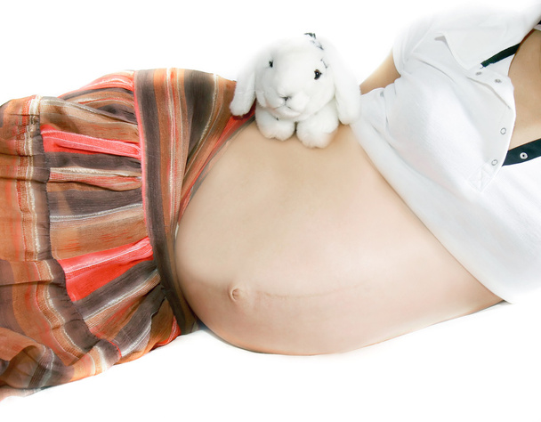 白のおもちゃウサギと妊娠中の女性 - 写真・画像