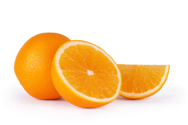 Orange fruit half and two segments or cantles isolated on white  - 写真・画像