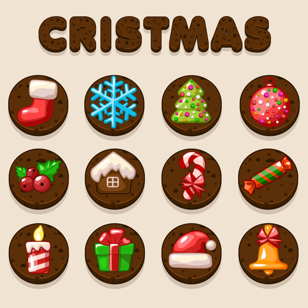 Set cartoni animati di Natale biscotti al cioccolato, icone alimentari
 - Vettoriali, immagini