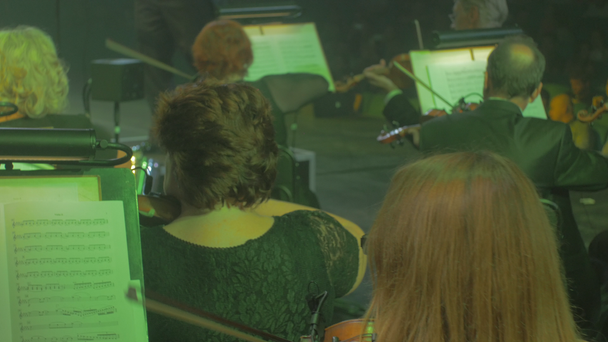 Violinists' Heads Women Playing With Bows Well-Dressed Musicians Harpist With Bun Panorama of the Orchestra Music Books Green Light Rock Symphony Concert - Footage, Video