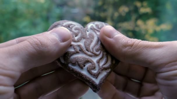 cookies in the shape of a heart broken in the hands. slow-motion - Footage, Video