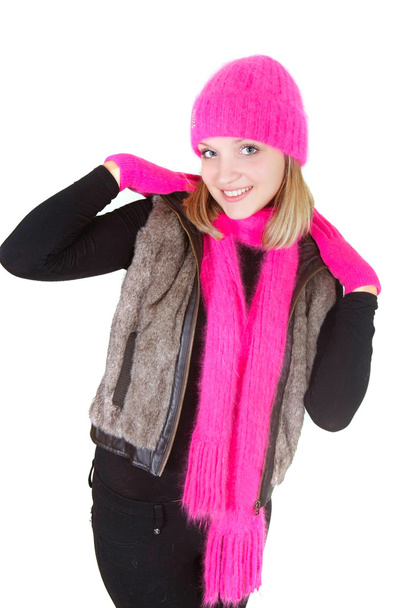 attractive girl in bright hat and scarf over white - Photo, Image