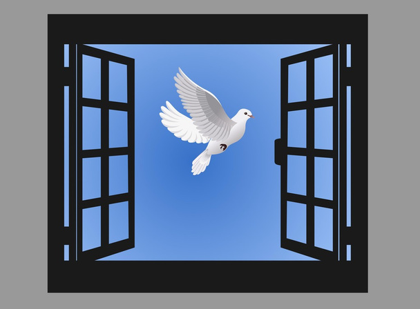 開いている窓と空飛ぶ鳩 - ベクター画像