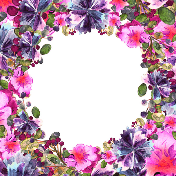 Flower frame. Colorful floral collection with leaves and flowers, drawing watercolor. - Фото, изображение