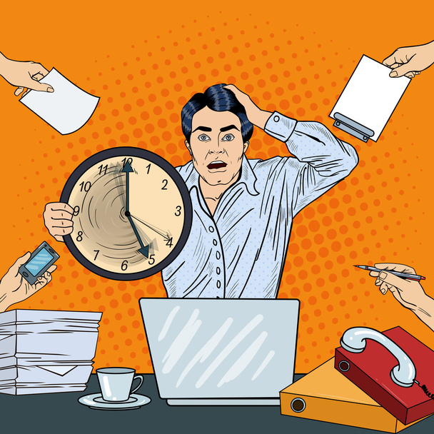Стресс поп-арт бизнесмен держит большие часы в многозадачном офисе срок работы. Векторная иллюстрация
 - Вектор,изображение