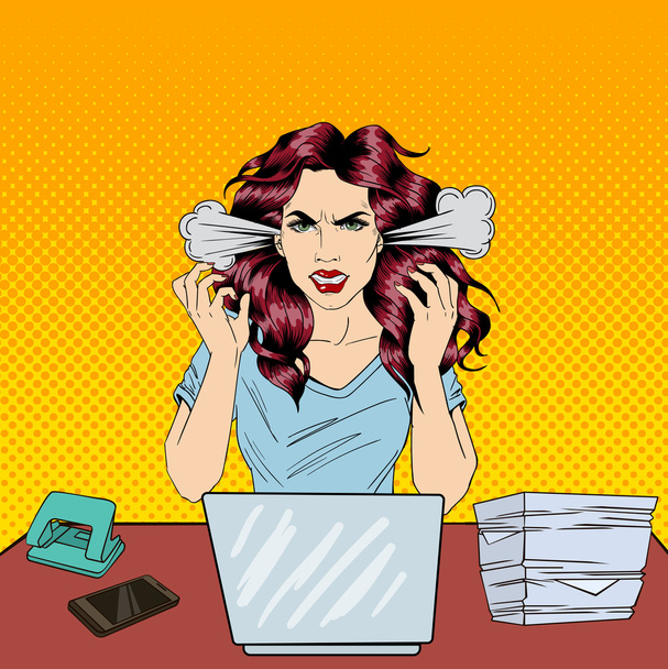 Pop art Screaming zły kobieta biznesu z laptopem w biurze pracy. Ilustracja wektorowa - Wektor, obraz