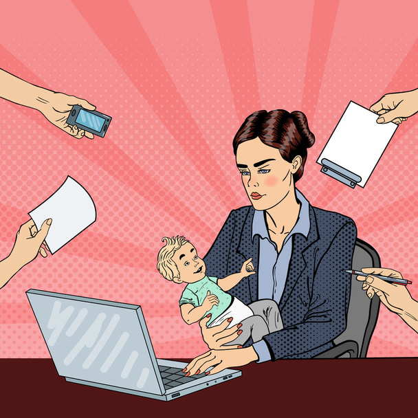 Pop art Business Woman z laptopem Holding Newborn Baby w Multi tasking pracy biurowej. Ilustracja wektorowa - Wektor, obraz
