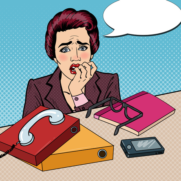 Pop-Art nervöse Geschäftsfrau beißt sich an Multitasking-Büroarbeit die Finger. Vektorillustration - Vektor, Bild