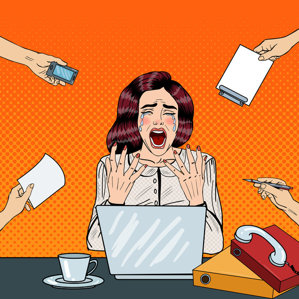 Pop Art Crying Stressed Business Woman Screaming at Multi Task Office Work. Векторная иллюстрация
 - Вектор,изображение