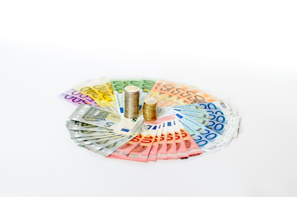 Artystyczny układ banknoty i monety Euro - Zdjęcie, obraz