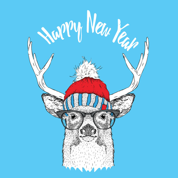 Carte de Noël avec cerf en chapeau d'hiver. Joyeux Noël lettrage design. Illustration vectorielle
 - Vecteur, image