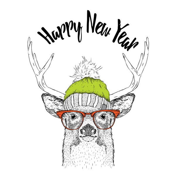 Carte de Noël avec cerf en chapeau d'hiver. Joyeux Noël lettrage design. Illustration vectorielle
 - Vecteur, image