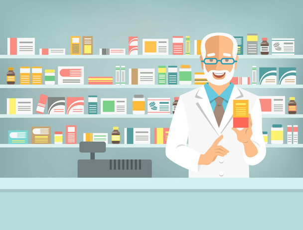 Pharmacist man with medicine at counter in pharmacy - Vector, Image