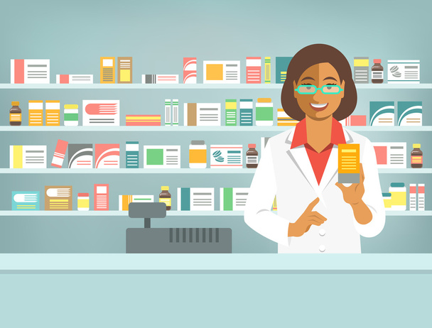 Farmacista donna di colore con medicinale al banco in farmacia
 - Vettoriali, immagini