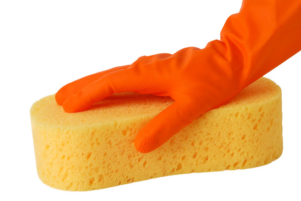 Gloved hand with a yellow sponge - Foto, Imagem
