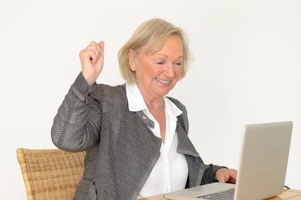 Mujer mayor en la mirada de negocios delante de un portátil de plata
 - Foto, imagen