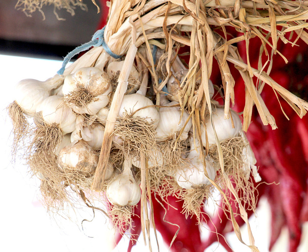 Organické česnek na prodej na venkovní zemědělců na trhu. Prodej česneku na trh. - Fotografie, Obrázek