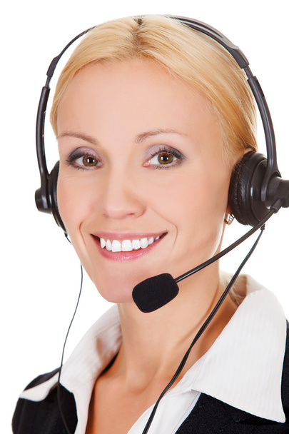 Cheerful call center operator against white background - Photo, Image