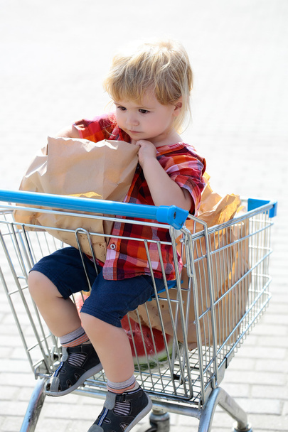 Cute boy in shopping trolley - Φωτογραφία, εικόνα