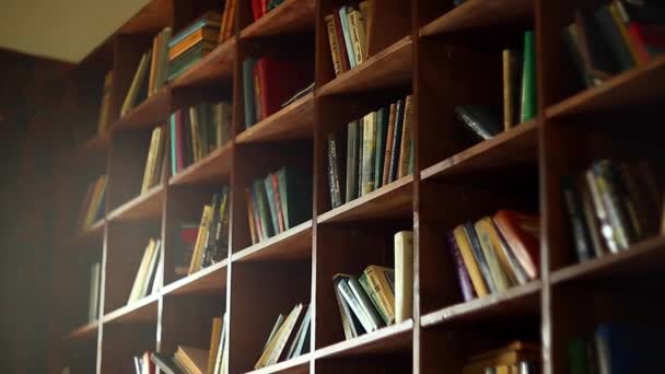 Könyvespolcok az egyetemi könyvtárban sok könyvvel - Felvétel, videó