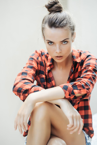 Sexy girl in checkered shirt - Фото, зображення