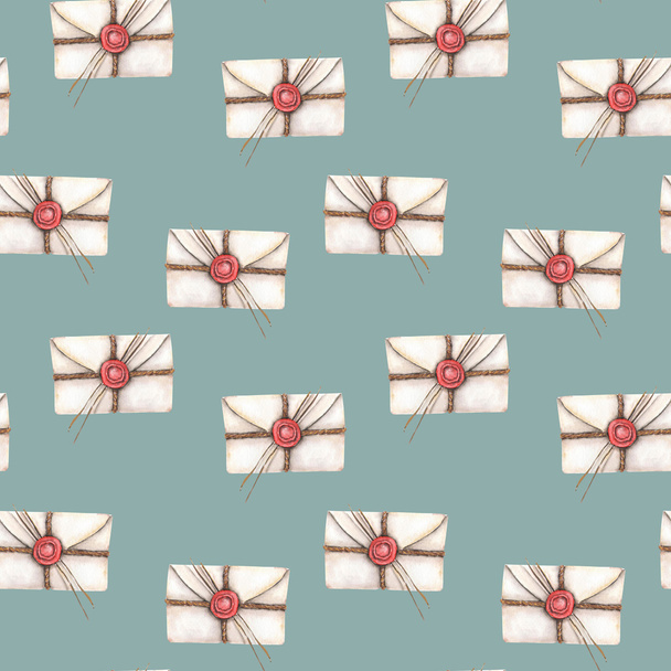 Seamless pattern with watercolor vintage mail envelopes - Photo, Image
