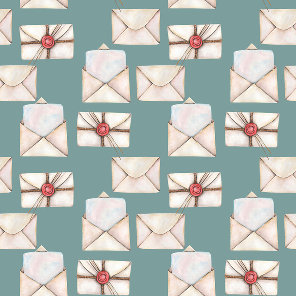 Seamless pattern with watercolor vintage mail envelopes - Photo, Image