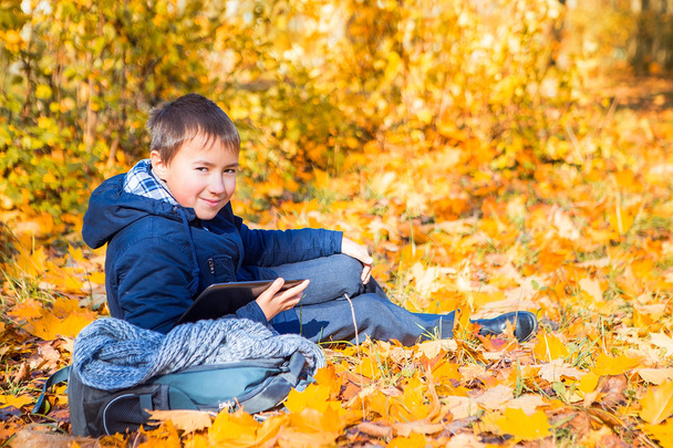 El estudiante está sentado en el parque con la tableta sobre un fondo de hojas de otoño
 - Foto, Imagen