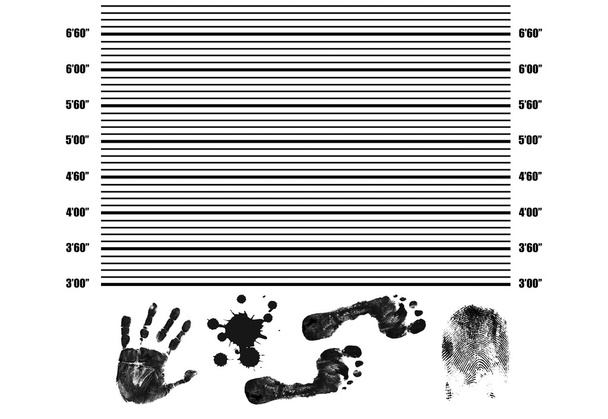 Поліцейський лінійний фон з відбитками пальців, відбитками рук, відбитками ноги та розбризкуванням
 - Вектор, зображення