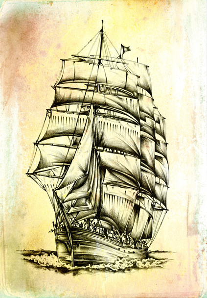 Vintage-Schiff auf dem Meer oder Ozean Art Illustration - Foto, Bild