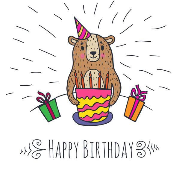 Birthday card with bear character and cake. - Διάνυσμα, εικόνα