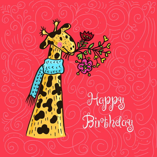 Happy birthday card with giraffe character and flowers. - Vektori, kuva