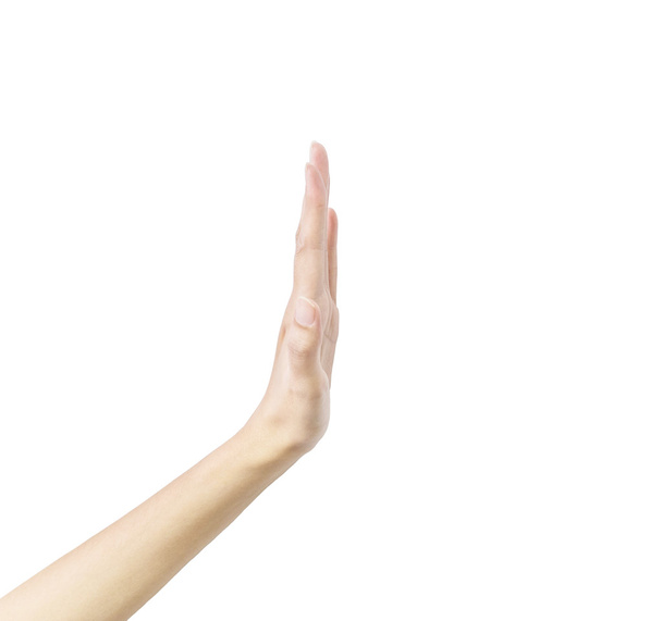 Primo piano mano della donna mostra cinque dito in vista accanto isolato su sfondo bianco con percorso di ritaglio
 - Foto, immagini