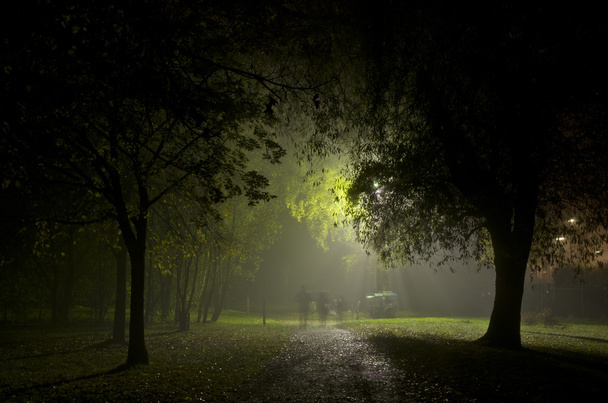 mgłą nocy to miasto Manchester Anglia Europa - Zdjęcie, obraz
