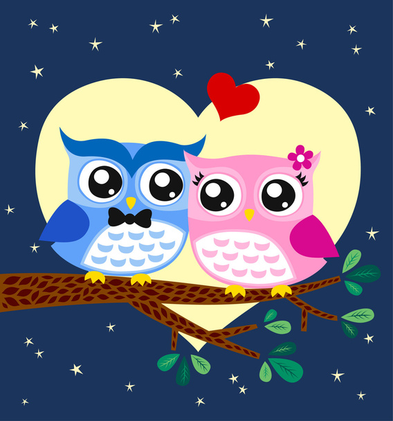 Owls couple in love at tree - Vektor, Bild