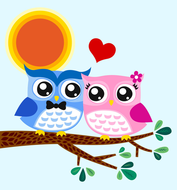 Owls couple in love at tree - Vektori, kuva