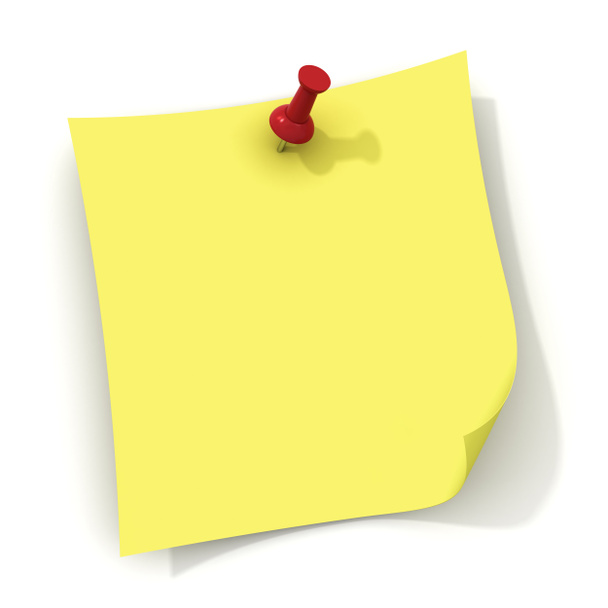 žlutá Poznámka a červený připínáček izolovaných na bílém pozadí - Fotografie, Obrázek