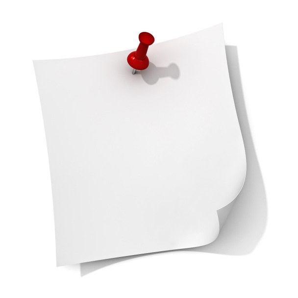 witte Opmerking papier met rode push pins geïsoleerd op een witte achtergrond met schaduw - Foto, afbeelding