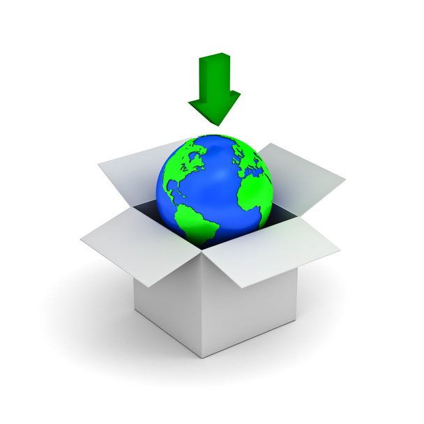 Звантажити концепцію, глобус Землі в білій коробці з зеленою стрілкою вниз
 - Фото, зображення