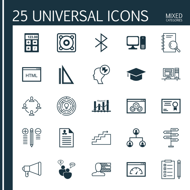 Satz von 25 universellen Symbolen zu Innovation, Codierung, Graduierung und weiteren Themen. Vektor-Icon-Set mit Computer, Ankündigung, Analyse und anderen Icons. - Vektor, Bild