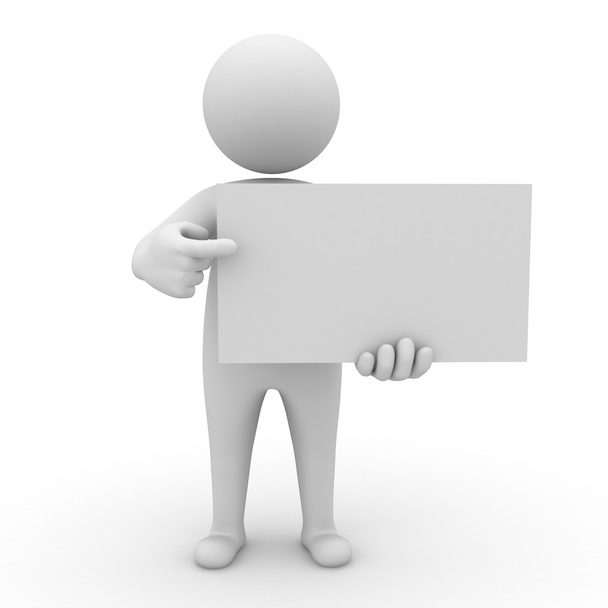 3d man holding blank board and pointing at it isolated over white background - Zdjęcie, obraz