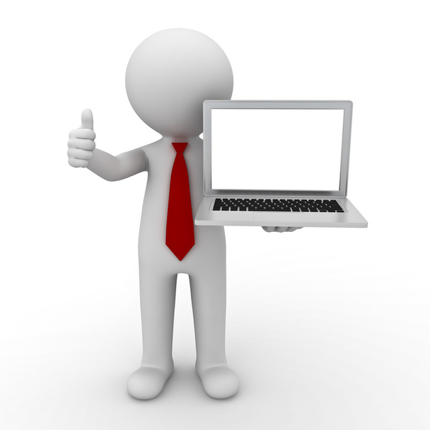 3D άνθρωπος παρουσιάζοντας κενό laptop πάνω από το λευκό φόντο - Φωτογραφία, εικόνα