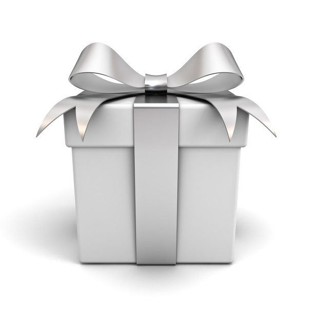 Caja de regalo con lazo de cinta plateada aislado sobre fondo blanco
 - Foto, Imagen